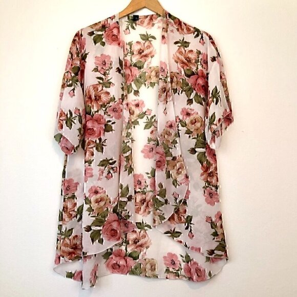WINDSOR Cream Ivory Pink Floral Sheer Short Sleeve Oversized Kimono Cardigan Top - Picture 2 of 10